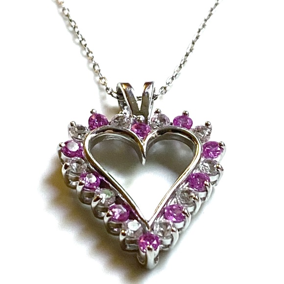 Sterling Silver Heart Shaped Lab Created White & Pink Sapphire Necklace - Picture 6 of 7